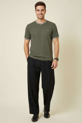 Ribana Detaylı Kısa Kol Erkek T-shirt Haki - Erkek T-shirt