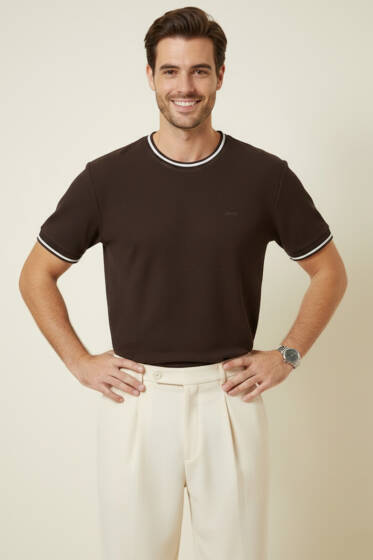 Ribana Detaylı Kısa Kol Erkek T-shirt Kahve - Erkek T-shirt