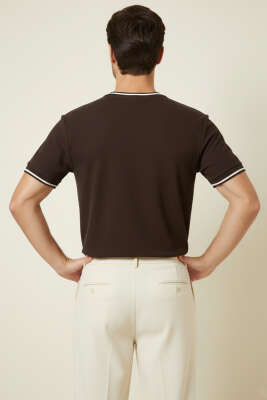 Ribana Detaylı Kısa Kol Erkek T-shirt Kahve - Erkek T-shirt