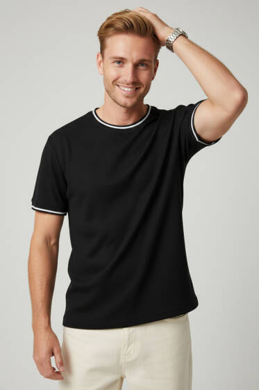 Ribana Detaylı Kısa Kol Erkek T-shirt Siyah - Erkek T-shirt
