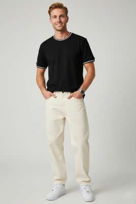 Ribana Detaylı Kısa Kol Erkek T-shirt Siyah - Erkek T-shirt