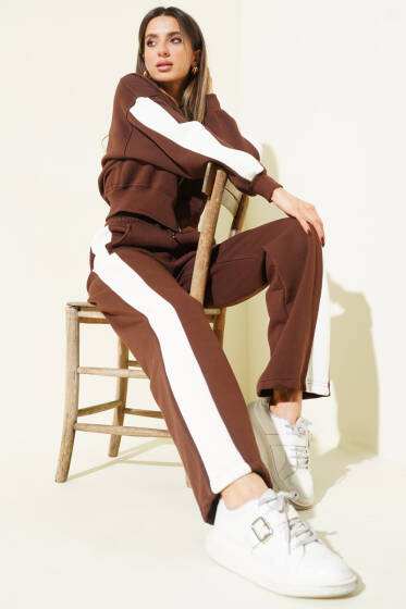 Ribana Detaylı Şeritli Üç İplik İkili Takım Kahve - Kadın Giyim Modelleri