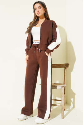 Ribana Detaylı Şeritli Üç İplik İkili Takım Kahve - Kadın Giyim Modelleri