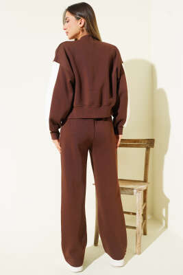 Ribana Detaylı Şeritli Üç İplik İkili Takım Kahve - Kadın Giyim Modelleri