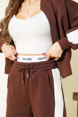 Ribana Detaylı Şeritli Üç İplik İkili Takım Kahve - Kadın Giyim Modelleri