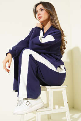 Ribana Detaylı Şeritli Üç İplik İkili Takım Lacivert - DİVON