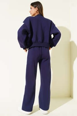 Ribana Detaylı Şeritli Üç İplik İkili Takım Lacivert - Kadın Giyim Modelleri