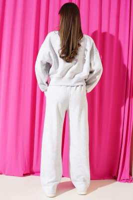 Ribana Detaylı Şeritli Üç İplik İkili Takım Melanj Gri - Kadın Giyim Modelleri