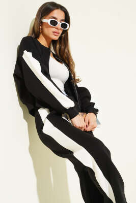 Ribana Detaylı Şeritli Üç İplik İkili Takım Siyah - Kadın Giyim Modelleri