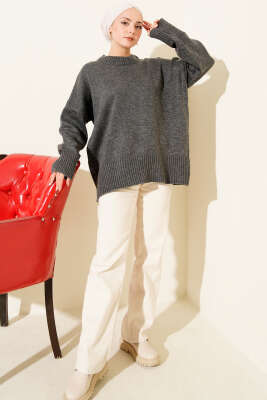 Ribana Görünümlü Triko Tunik Füme - Tunik