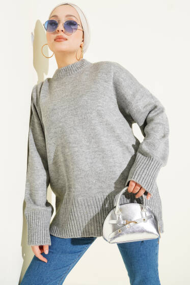 Ribana Görünümlü Triko Tunik Gri - Tunik