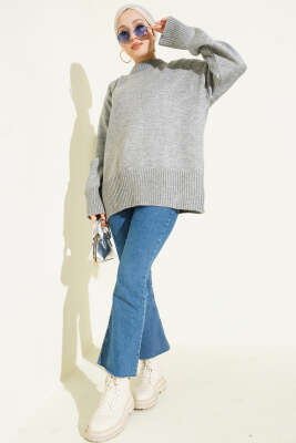 Ribana Görünümlü Triko Tunik Gri - Tunik