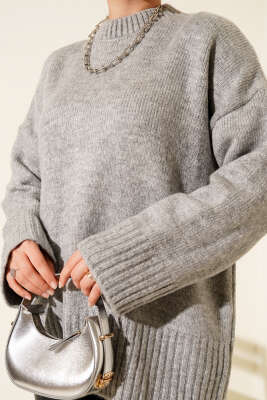 Ribana Görünümlü Triko Tunik Gri - Tunik