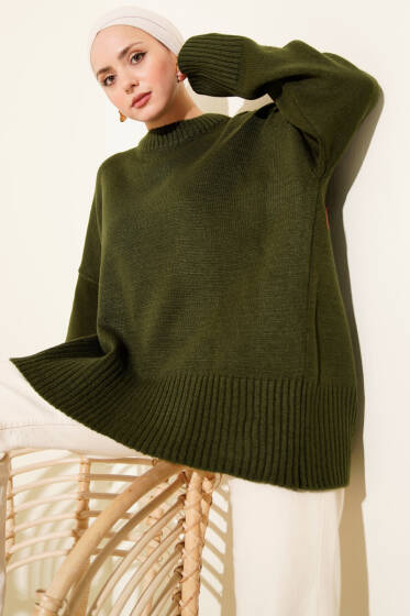 Ribana Görünümlü Triko Tunik Haki - Tunik