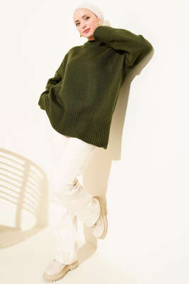 Ribana Görünümlü Triko Tunik Haki - Tunik