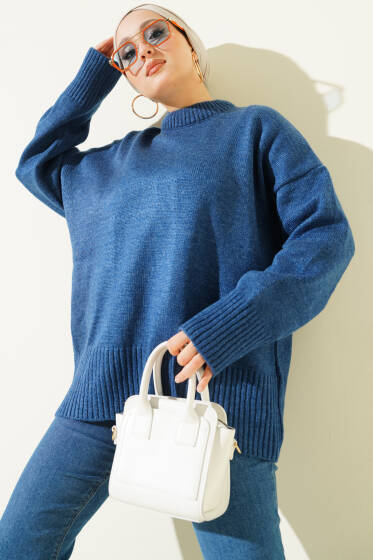 Ribana Görünümlü Triko Tunik İndigo - Tunik