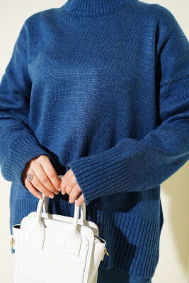 Ribana Görünümlü Triko Tunik İndigo - Tunik