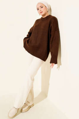 Ribana Görünümlü Triko Tunik Kahve - Tunik