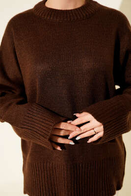 Ribana Görünümlü Triko Tunik Kahve - Tunik