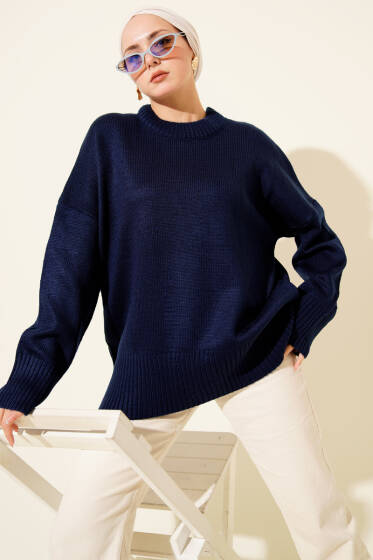 Ribana Görünümlü Triko Tunik Lacivert - Tunik