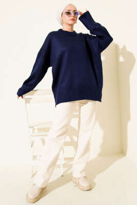 Ribana Görünümlü Triko Tunik Lacivert - Tunik