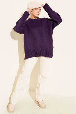 Ribana Görünümlü Triko Tunik Mor - Tunik