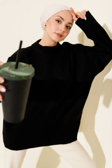 Ribana Görünümlü Triko Tunik Siyah - Tunik