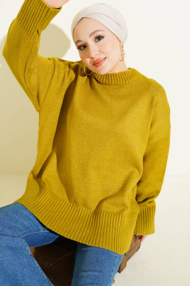 Ribana Görünümlü Triko Tunik Yağ Yeşili - Tunik