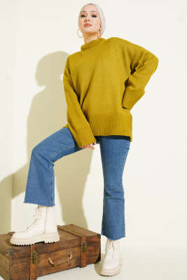 Ribana Görünümlü Triko Tunik Yağ Yeşili - Tunik