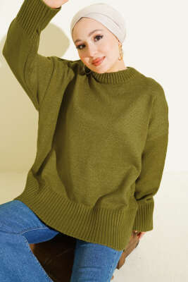 Ribana Görünümlü Triko Tunik Yağ Yeşili 