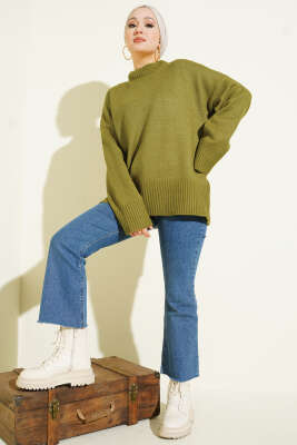 Ribana Görünümlü Triko Tunik Yağ Yeşili - Tunik