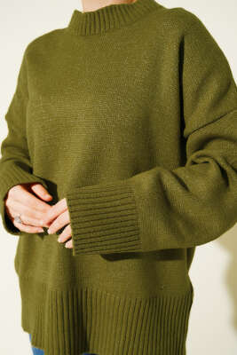 Ribana Görünümlü Triko Tunik Yağ Yeşili - Tunik