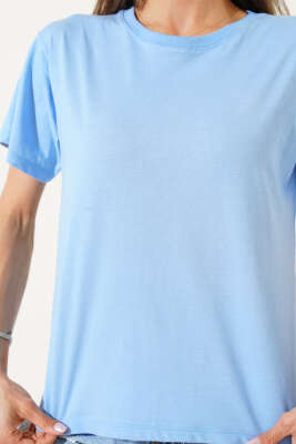 Ribanalı Bisiklet Yaka Düz T-shirt Mavi - Kadın Giyim Modelleri