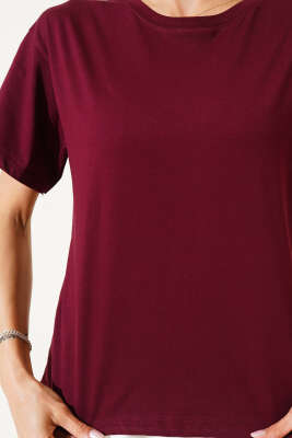 Ribanalı Bisiklet Yaka Düz T-shirt Mürdüm - Kadın Giyim Modelleri