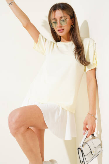 Ribanalı Bisiklet Yaka Düz T-shirt Sarı - Kadın Giyim Modelleri