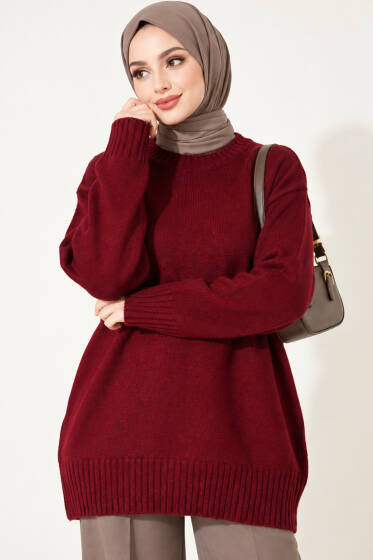 Ribanalı Bisiklet Yaka Triko Tunik Bordo - Triko Tunik