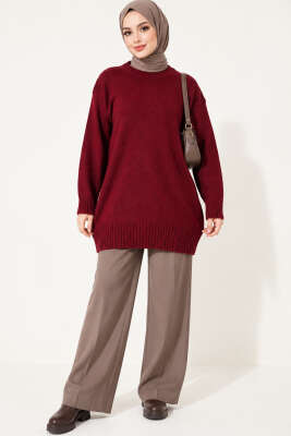 Ribanalı Bisiklet Yaka Triko Tunik Bordo - Triko Tunik