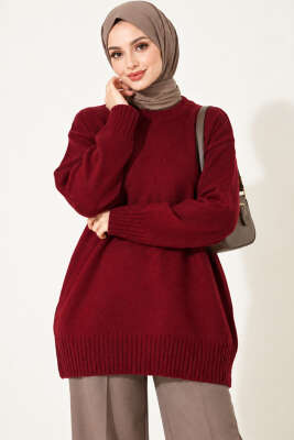 Ribanalı Bisiklet Yaka Triko Tunik Bordo - Triko Tunik