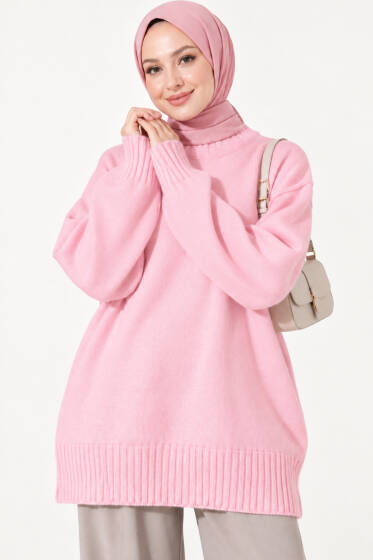 Ribanalı Bisiklet Yaka Triko Tunik Pembe - Triko Tunik