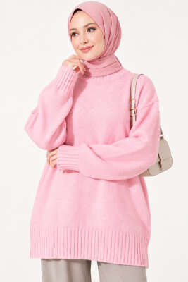 Ribanalı Bisiklet Yaka Triko Tunik Pembe - Triko Tunik
