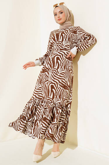 Ribanalı Desenli Elbise Kahve - Tesettür Elbise