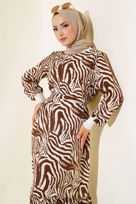 Ribanalı Desenli Elbise Kahve - Tesettür Elbise