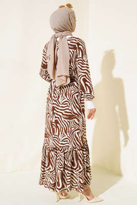 Ribanalı Desenli Elbise Kahve - Tesettür Elbise