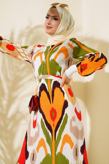 Ribanalı Desenli Elbise Oranj - Elbise