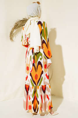 Ribanalı Desenli Elbise Oranj - Thumbnail
