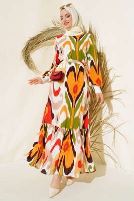 Ribanalı Desenli Elbise Oranj - Tesettür Elbise