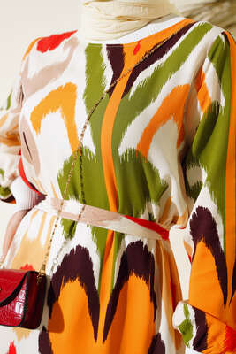 Ribanalı Desenli Elbise Oranj - Tesettür Elbise