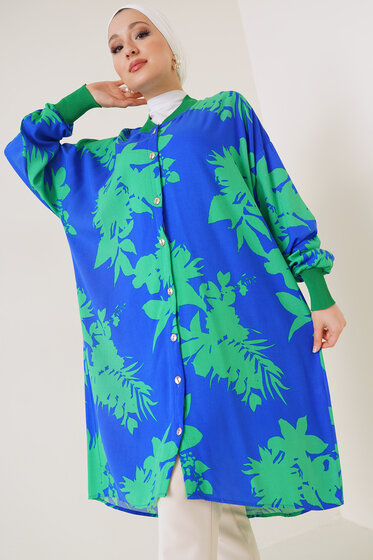 Ribanalı Gömlek Mavi Yeşil - Gömlek