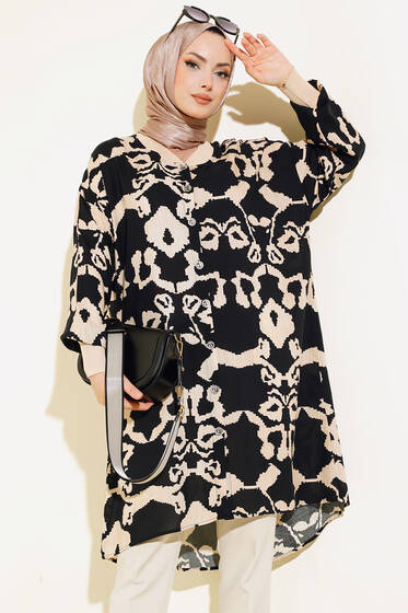 Ribanalı Gömlek Siyah Bej - Gömlek