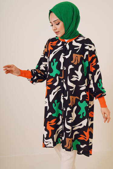 Ribanalı Gömlek Siyah Oranj - Gömlek